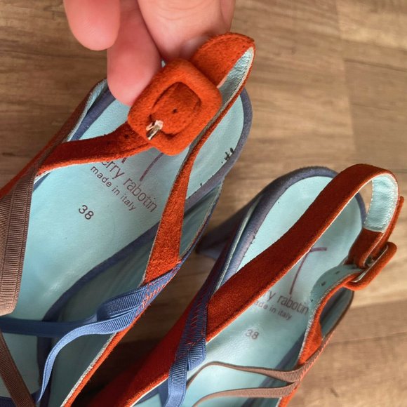 Thierry Rabotin Womens Orange Blue Peep Toe Cone Slingback Heel Sz US 7.5 EUR 38 - Picture 7 of 9